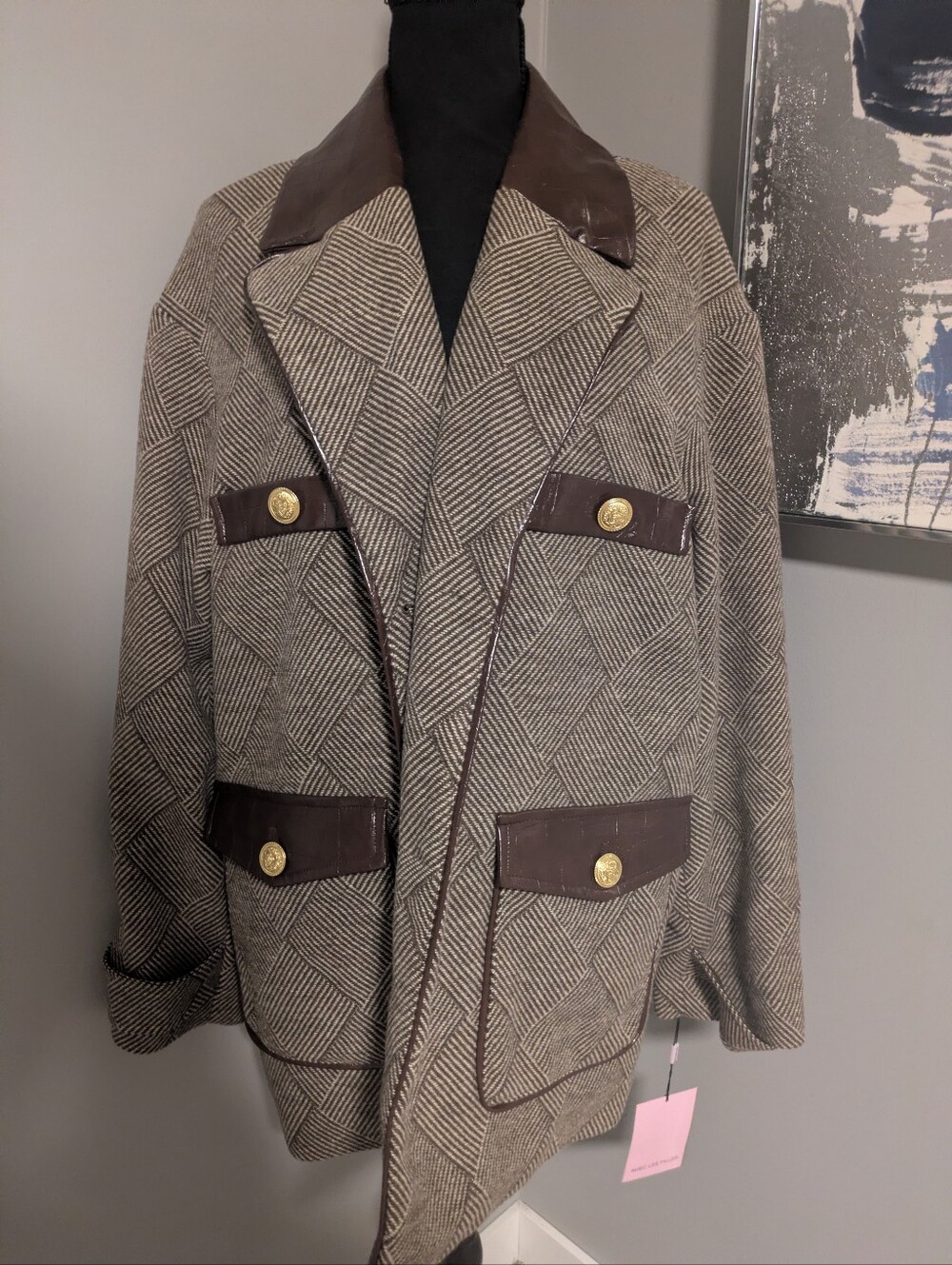Avec Les Filles Brown Plaid Blazer with Dark Brown Leather Trim L - Picture 2 of 3